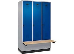 4068427630688 - Kleiderspind Evolo Plus 3 Abteile à 400 mm Breite Sockel schwebende Sitzbank B 1200 x T 815 x H 1950 mm Drehriegel weißaluminium enzianblau