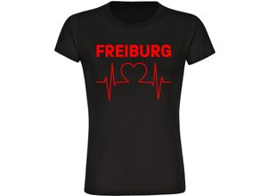 4068859107277 - multifanshop Damen T-Shirt - Freiburg - Herzschlag - Druck rot - Frauen