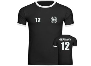 4068859368302 - multifanshop® Kontrast T-Shirt - Germany - Adler Retro Trikot 12 - Druck weiß