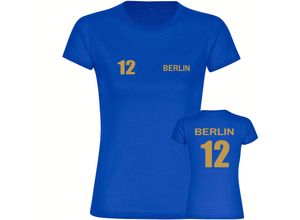 4068859495718 - multifanshop® Damen T-Shirt - Berlin blau - Trikot Nummer 12 gold - Druck gold metallic