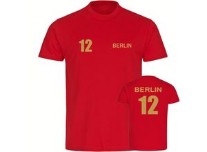 4068859496722 - multifanshop® Herren T-Shirt - Berlin rot - Trikot Nummer 12 gold - Druck gold metallic