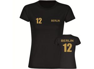 4068859497224 - multifanshop Damen T-Shirt - Berlin rot - Trikot Nummer 12 gold - Druck gold metallic - Frauen