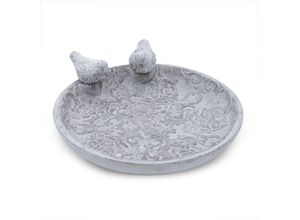 4069055000751 - Beton Vogeltränke in grau mit Ornamenten - 24 cm - Vogelbad aus Stein mit Relief Muster - Gartendeko Wassertränke mit Vogel Figur Vogelbrunnen