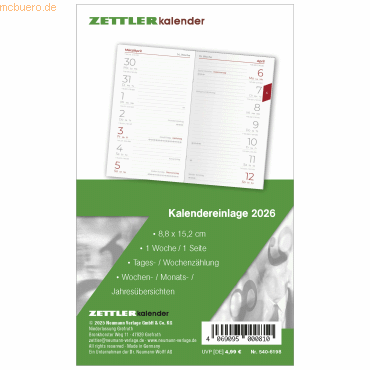 4069095000810 - Ersatzeinlage 540 für Taschenkalender 88x152cm 1 Woche 1 Sei
