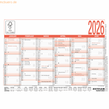 4069095001435 - Tafelkalender 900-0000 900 6 Monate   1 Seite  (A6 quer) 2025 4069095001435 Zettler