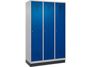 4069361389588 - Kleiderspind Evolo Plus 3 Abteile 400 mm Abteilbreite mit Sockel Anschlag rechts B 1200 x T 500 x H 1950 mm Zylinder weißaluminium enzianblau