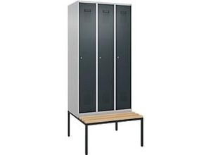4069361389687 - Kleiderspind Evolo Plus 3 Abteile 300 mm Abteilbreite mit untergebauter Sitzbank B 900 x T 815 x H 2120 mm Zylinder weißaluminium anthrazitgrau
