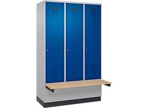 4069361390188 - Kleiderspind Evolo Plus 3 Abteile à 400 mm Breite Sockel schwebende Sitzbank B 1200 x T 815 x H 1950 mm Zylinder weißaluminium enzianblau