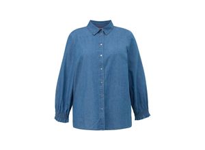 4099587057480 - Große Größen Bluse in Denim-Optik mit Rüschen am Ärmelsaum blau Gr44