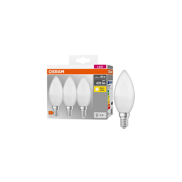 4099854047091 - OSRAM BASE CLASSIC B 40 FR LED-Lampe mit Sockel E14 Minikerzenform 3er Pack 49W 470lm 2700K warmweißes Licht geringere Wärmeentwicklung sehr