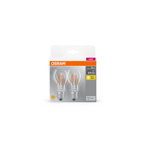 4099854090202 - OSRAM BASE CLASSIC A FIL 40 LED-Lampe mit Sockel E27 klassische Kolbenform Doppelpack 4W 470lm 2700K warmweißes Licht geringe