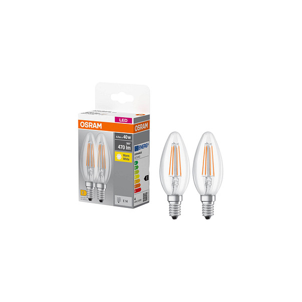 4099854090226 - OSRAM BASE CLASSIC B FIL 40 LED-Lampe mit Sockel E14 Minikerzenform Doppelpack 4W 470lm 2700K warmweißes Licht geringe Wärmeentwicklung lange