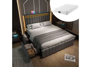 4101277628198 - Okwish - Polsterbett usb Typ c Ladefunktion LED-Beleuchtung und 4 Schubladen Jugendbetten 140x200cm Doppelbett Stauraumbetten Bettgestell