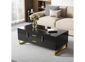 4181280142904 - Okwish - Couchtisch Hochglanz-Couchtisch mit goldenen Schubladen Griffen und Beinen Mit offenem Staufach und speziellem Türverkleidungsdesign