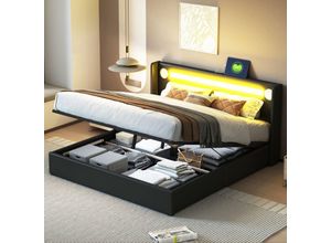 4201280143418 - Okwish - Polsterbett 160x200 mit LED-Lichtleiste Bluetooth-Player und USB-Aufladung Stauraumbett aus PU-Leder Stauraum für Hochbett Doppelbett