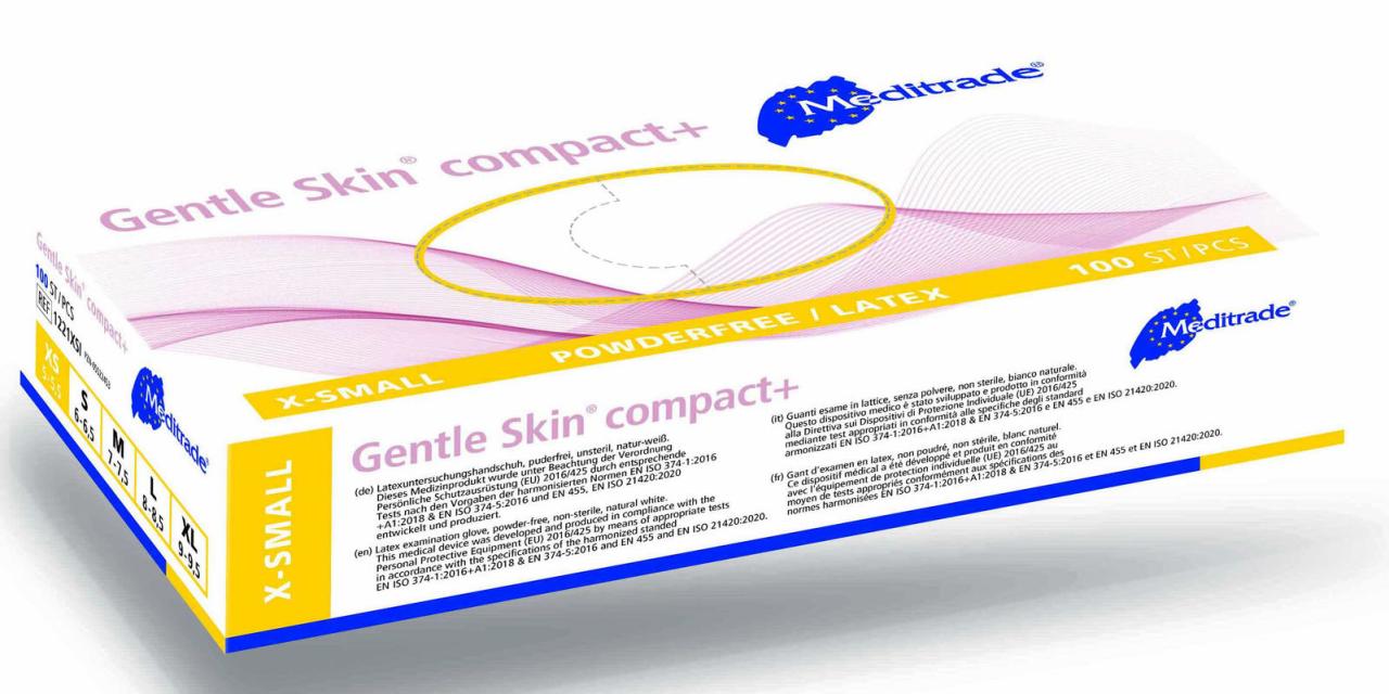 4250016460428 - Meditrade Gentle Skin® compact Latex Untersuchungshandschuh Einmalhandschuh - Puderfrei unsteril 1 Packung = 100 Stück Größe XS