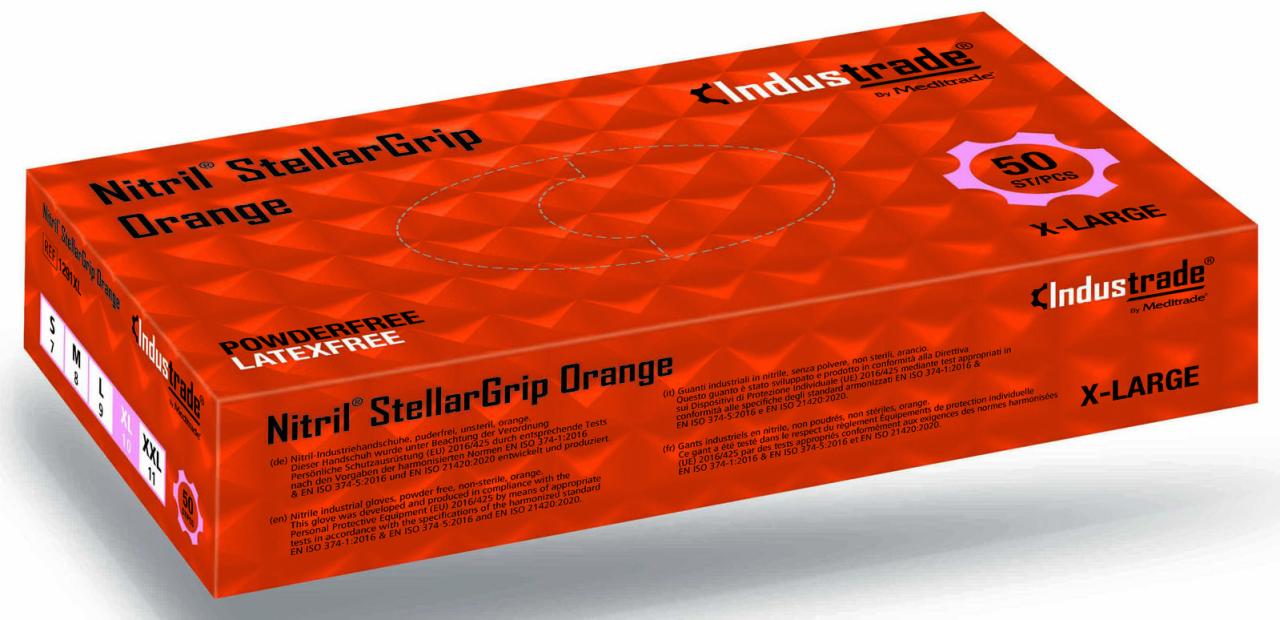 4250016484066 - Industrade unisex Einmalhandschuhe Nitril StellarGrip Orange orange Größe L 4250016484066 Industrade 50 Stück