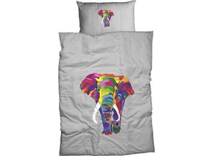 4250090666518 - Bettwäsche Tonga Gr B L 155 cm x 220 cm (1 St) B L 80 cm x 80 cm (1 St) Satin silberfarben Satin-Bettwäsche edler bunter Elefant