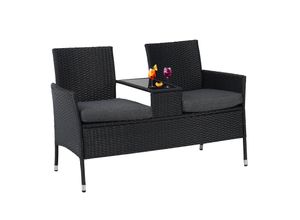 4250263742674 - Albatros Gartenbank ANTONIO – Polyrattan Bank – 2-Sitzer Gartenbank mit Tischplatte aus Glas – UV beständig wetterfest – Stoffpolster – 134x82x55cm schwarz – VIP RELAX Sitzbank