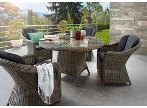 4250352524747 - Garten-Essgruppe MALAGA LUNA  Polyrattan 4 Sessel + 1 Tisch Ø 120x75 