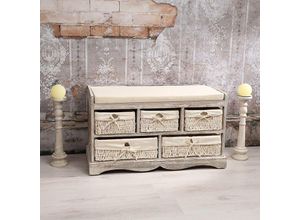 4250357327145 - - Sitzbank Truhe Kommode 5 Körbe Shabby Chic weiß Bank Flur Vintage Stil Kissen