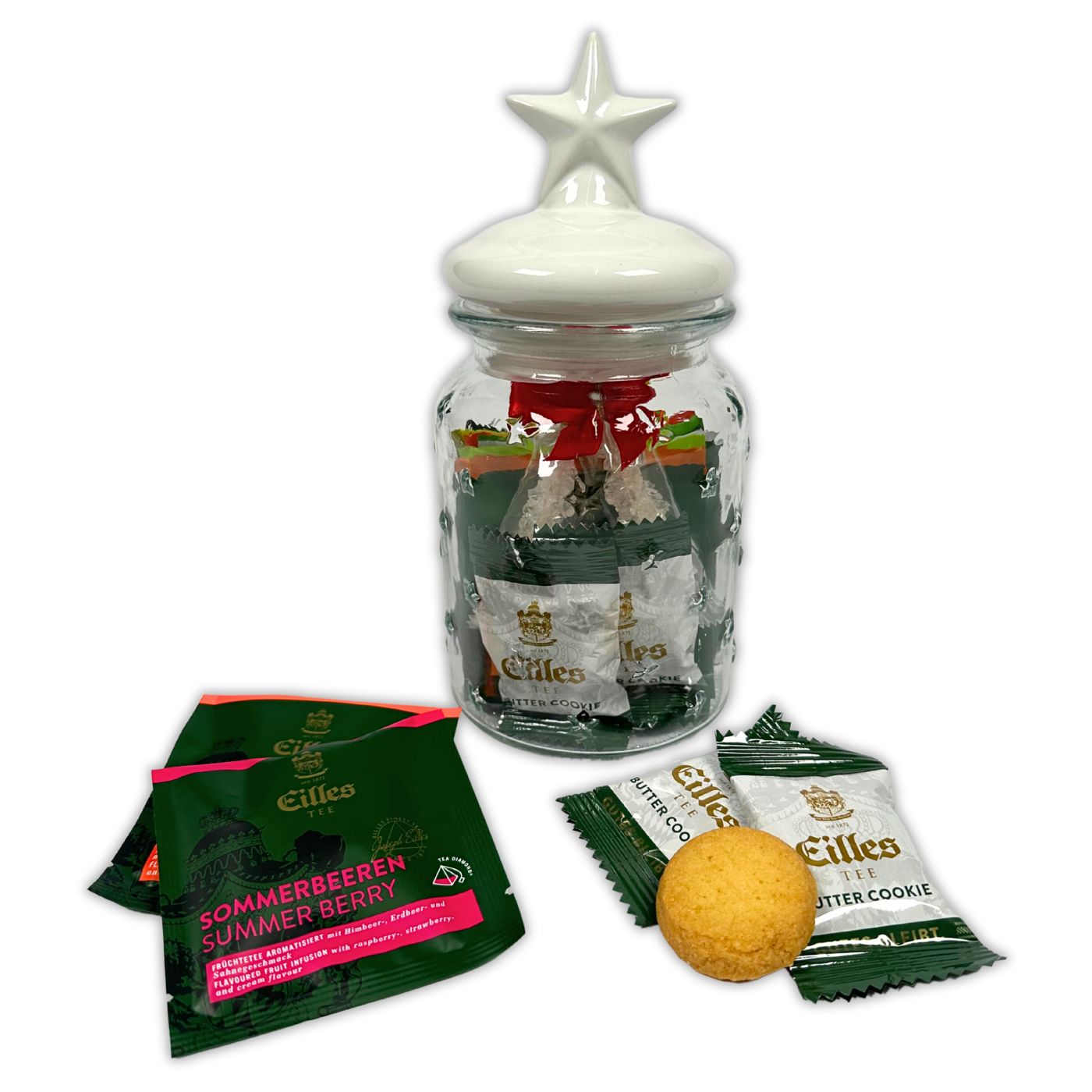 4250363625839 - Geschenkeglas STAR mit Tea Diamonds und Butter Cookies im schönen Vorratsglas