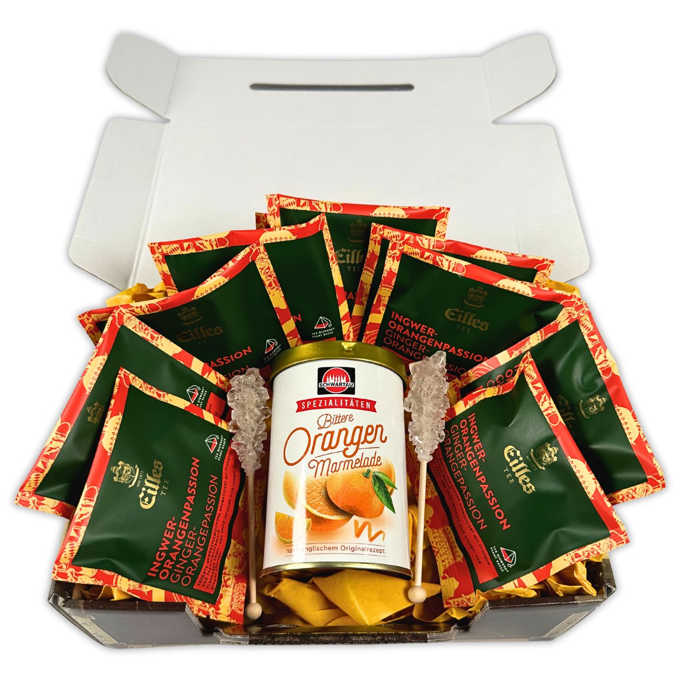 4250363625860 - Geschenkbox ORANGE mit Tea Diamonds und Schwartau Orangen Marmelade