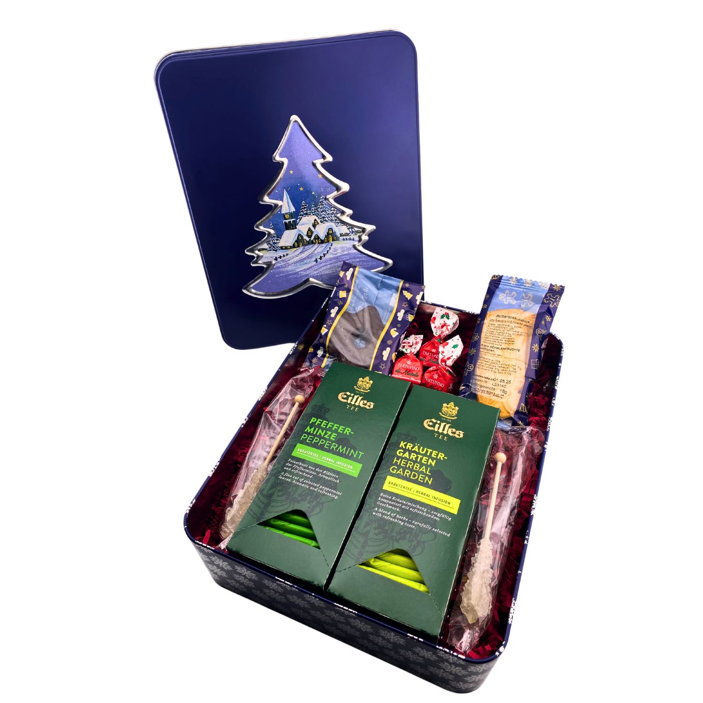 4250363626522 - Geschenkdose Winterlandschaft mit Tee und weihnachlichen Leckereien