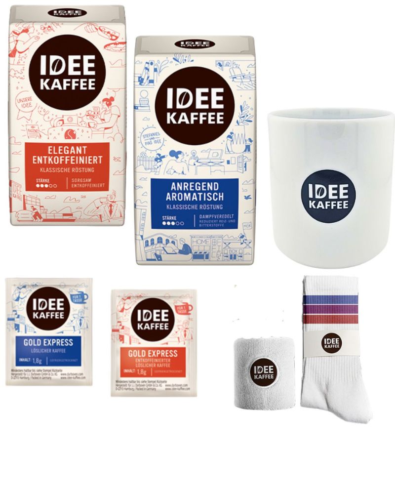4250363628243 - IDEE Kaffee Filterkaffee Set mit IDEE Fan-Socken IDEE Schweißband und IDEE Kaffeebecher