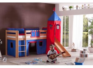 4250468532285 - Halbhohes Spielbett ALEX mit Rutsche Turm Buche massiv natur lackiert mit Stoffset blau rot