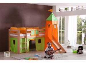 4250468532292 - Halbhohes Spielbett ALEX mit Rutsche Turm Buche massiv natur lackiert mit Stoffset grün orange