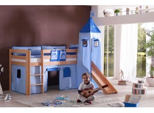 4250468532315 - Halbhohes Spielbett ALEX mit Rutsche Turm Buche massiv natur lackiert mit Stoffset blau delfin