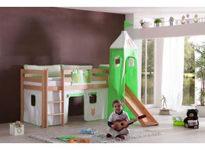 4250468532322 - Halbhohes Spielbett ALEX mit Rutsche Turm Buche massiv natur lackiert mit Stoffset Beige Grün