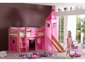 4250468532346 - Halbhohes Spielbett ALEX mit Rutsche Turm Buche massiv natur lackiert mit Stoffset pink herz