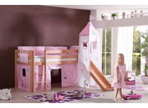 4250468532353 - Halbhohes Spielbett ALEX mit Rutsche Turm Buche massiv natur lackiert mit Stoffset Princess