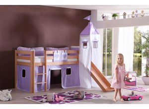 4250468532377 - Halbhohes Spielbett ALEX mit Rutsche Turm Buche massiv natur lackiert mit Stoffset purple weiß