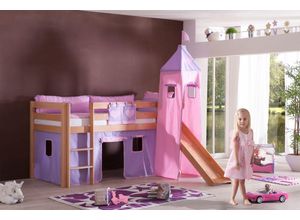 4250468532384 - Halbhohes Spielbett ALEX mit Rutsche Turm Buche massiv natur lackiert mit Stoffset purple rosa