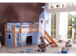 4250468532391 - Halbhohes Spielbett ALEX mit Rutsche Turm Buche massiv natur lackiert mit Stoffset blau boy