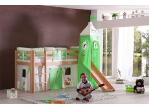 4250468532407 - Halbhohes Spielbett ALEX mit Rutsche Turm Buche massiv natur lackiert mit Stoffset Dschungel