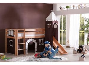 4250468532414 - Halbhohes Spielbett ALEX mit Rutsche Turm Buche massiv natur lackiert mit Stoffset Burg