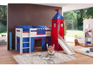 4250468532421 - Halbhohes Spielbett ALEX mit Rutsche Turm Buche massiv weiß lackiert mit Stoffset blau rot