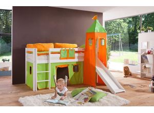 4250468532438 - Halbhohes Spielbett ALEX mit Rutsche Turm Buche massiv weiß lackiert mit Stoffset grün orange