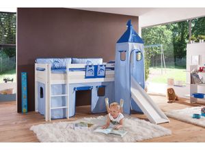 4250468532452 - Halbhohes Spielbett ALEX mit Rutsche Turm Buche massiv weiß lackiert mit Stoffset blau delfin