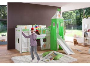 4250468532469 - Halbhohes Spielbett ALEX mit Rutsche Turm Buche massiv weiß lackiert mit Stoffset Beige Grün