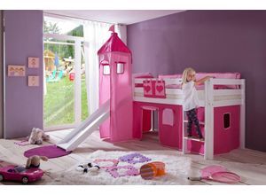 4250468532483 - Halbhohes Spielbett ALEX mit Rutsche Turm Buche massiv weiß lackiert mit Stoffset pink herz