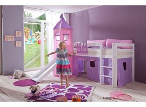 4250468532520 - Halbhohes Spielbett ALEX mit Rutsche Turm Buche massiv weiß lackiert mit Stoffset purple rosa