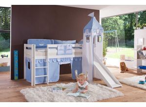 4250468532537 - Halbhohes Spielbett ALEX mit Rutsche Turm Buche massiv weiß lackiert mit Stoffset blau boy