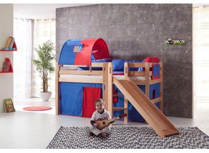 4250468532568 - Spielbett Eliyas mit Rutsche Ausf Buche massiv natur lackiert und Textilset Vorhang 1-er Tunnel u