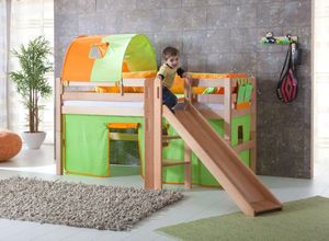 4250468532575 - Spielbett Eliyas mit Rutsche Ausf Buche massiv natur lackiert und Textilset Vorhang 1-er Tunnel u