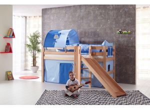 4250468532605 - Spielbett Eliyas mit Rutsche Ausf Buche massiv natur lackiert und Textilset Vorhang 1-er Tunnel u